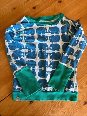 Alba Blue Hippo Print Long-Sleeve Top with Green Trim